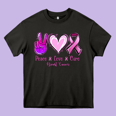 Peace Love Cure Breast Cancer Heavy Core Tee Designed By Nancycooperartshop