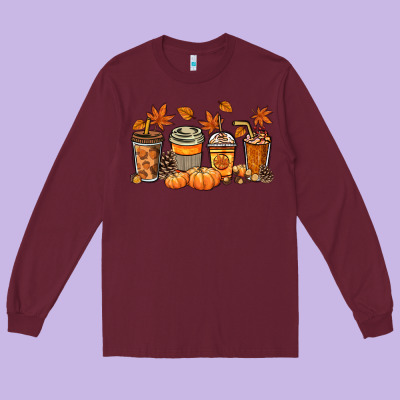 Fall Coffee Cups Long Sleeve Tee Designed By Nancycooperartshop