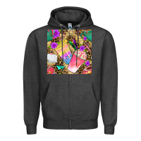 Charcoal Heather school girl coffee cup with leopard seamless pattern bbs Zipper Hoodie - BundleAndBundleShop