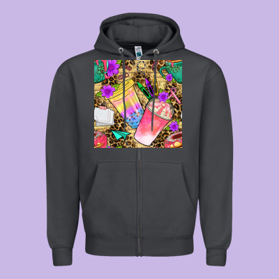 School Girl Coffee Cup With Leopard Seamless Pattern Bbs Zipper Hoodie Designed By Bundleandbundleshop
