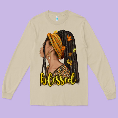 Fall Afro Woman Blessed Long Sleeve Tee Designed By Nancycooperartshop