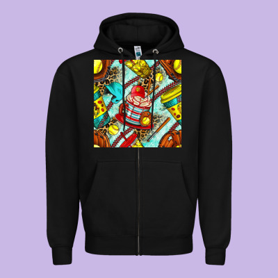 Softball Coffee Cup And Bat With Leopard Seamless Pattern Bbs Zipper Hoodie Designed By Bundleandbundleshop