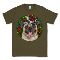 Army Green Christmas Pug With Buffalo Plaid Classic Tee - RanaPortraitStore