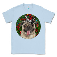 Dusty Blue Christmas Pug With Buffalo Plaid Classic Tee - RanaPortraitStore