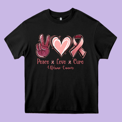 Peace Love Cure Uterine Cancer Heavy Core Tee Designed By Nancycooperartshop