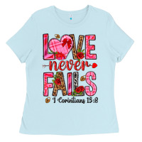 Baby Blue love never fails i corintians 13 8 Ladies Tee - NancyCooperArtShop