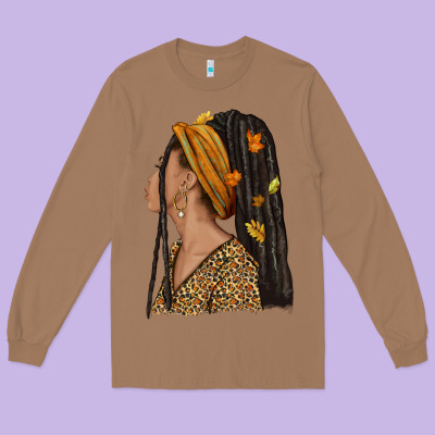 Fall Afro Woman Long Sleeve Tee Designed By Nancycooperartshop