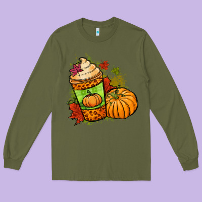 Fall Pumpkin Coffee Long Sleeve Tee Designed By Nancycooperartshop