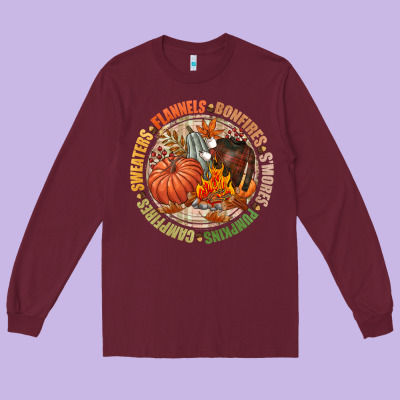 Bonfires Flannels Smores Campfires Pumpkin Long Sleeve Tee Designed By Nancycooperartshop