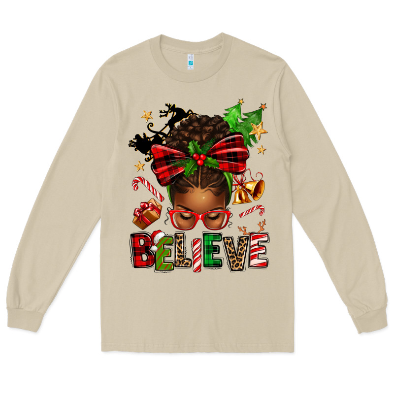 Christmas Believe Afro Messy Bun Long Sleeve Tee by texasbilliewilder | Teevron