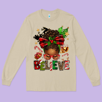 Christmas Believe Afro Messy Bun Long Sleeve Tee Designed By Texasbilliewilder