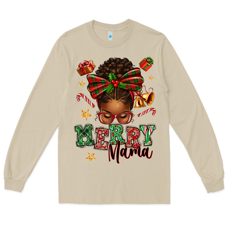 Merry Mama Afro Messy Bun Long Sleeve Tee by texasbilliewilder | Teevron