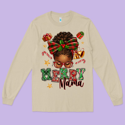 Merry Mama Afro Messy Bun Long Sleeve Tee Designed By Texasbilliewilder