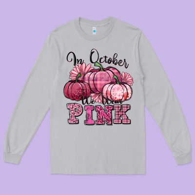 In October We Wear Pink Pumpkin Long Sleeve Tee Designed By Texasbilliewilder