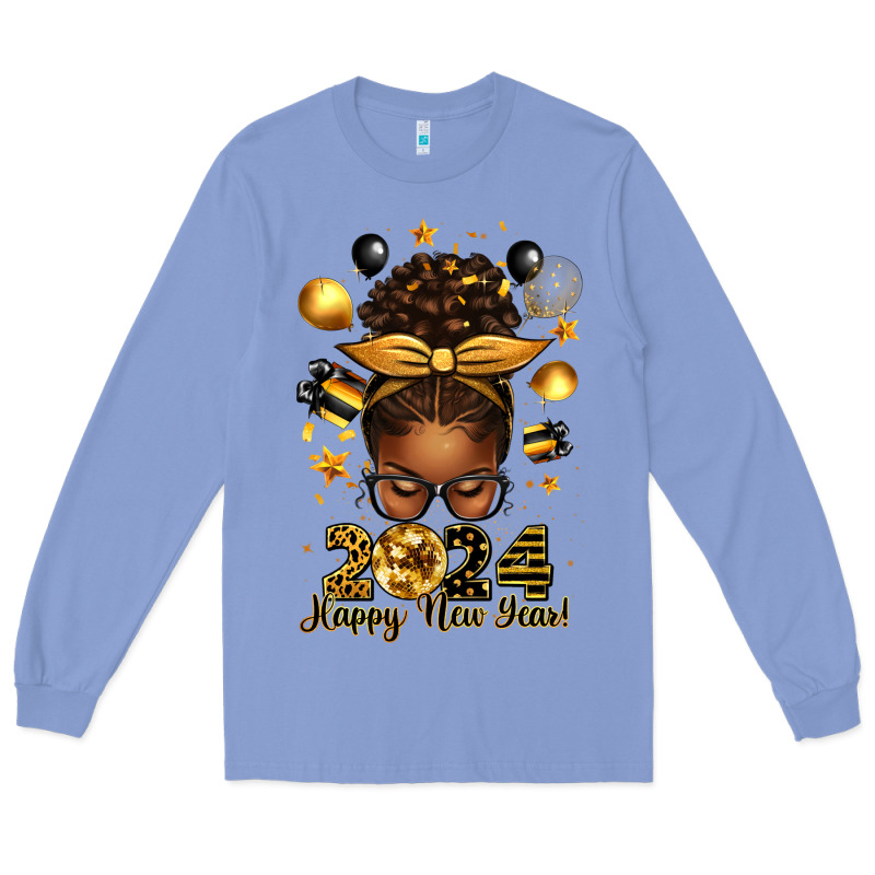 2024 Happy New Year  Afro Messy Bun Long Sleeve Tee by texasbilliewilder | Teevron