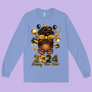 2024 Happy New Year  Afro Messy Bun Long Sleeve Tee Designed By Texasbilliewilder