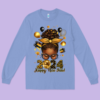 2024 Happy New Year  Afro Messy Bun Long Sleeve Tee Designed By Texasbilliewilder