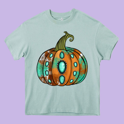Western Cowhide Turquoise Pumpkin Heavy Core Tee Designed By Nancycooperartshop