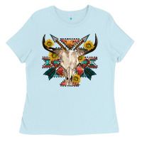Baby Blue aztec western bull skull Ladies Tee - NancyCooperArtShop