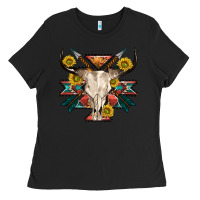 Black aztec western bull skull Ladies Tee - NancyCooperArtShop