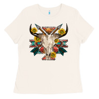 Bone aztec western bull skull Ladies Tee - NancyCooperArtShop