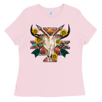 Bubblegum Pink aztec western bull skull Ladies Tee - NancyCooperArtShop