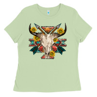 Matcha aztec western bull skull Ladies Tee - NancyCooperArtShop