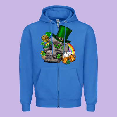 St Patrick's Day Boho Skull Zipper Hoodie Designed By Fadigitalartstudio