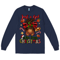 Navy just a girl who loves christmas afro messy bun Long Sleeve Tee - texasbilliewilder