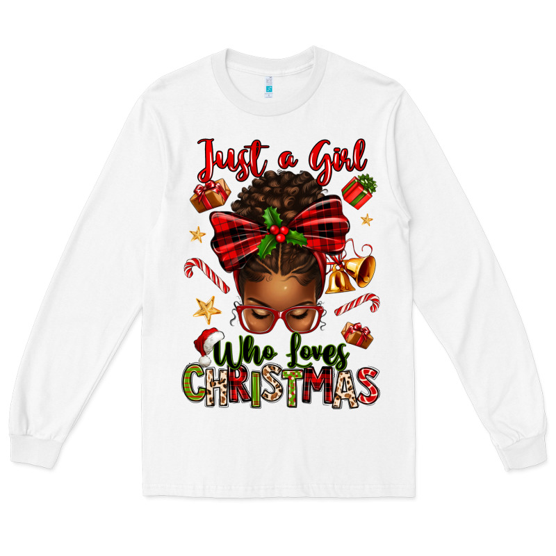 Just A Girl Who Loves Christmas Afro Messy Bun Long Sleeve Tee by texasbilliewilder | Teevron