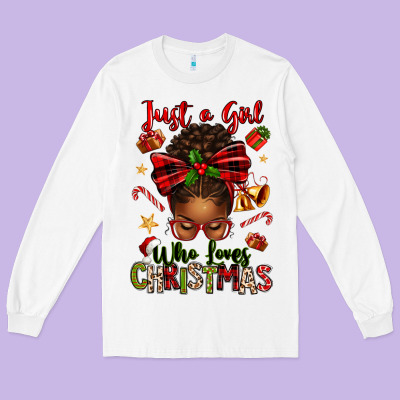 Just A Girl Who Loves Christmas Afro Messy Bun Long Sleeve Tee Designed By Texasbilliewilder