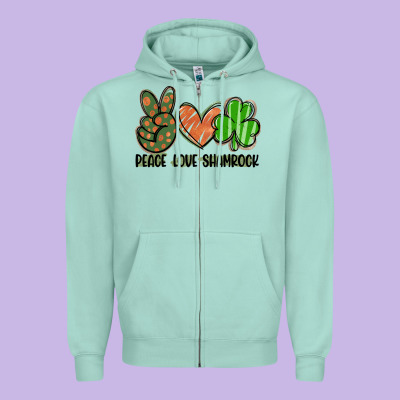 Peace Love Shamrock Zipper Hoodie Designed By Fadigitalartstudio