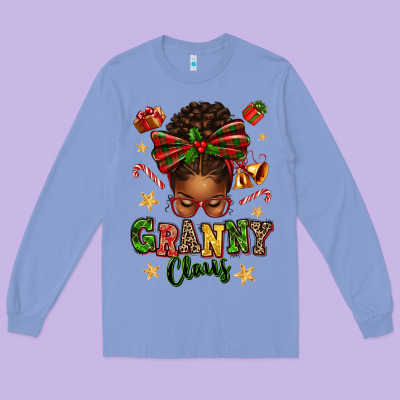 Granny Claus Afro Messy Bun Long Sleeve Tee Designed By Texasbilliewilder