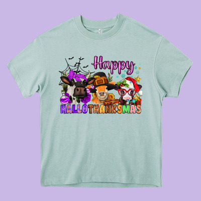 Happy Hallothanksmas Cows  Nancy Heavy Core Tee Designed By Nancycooperartshop
