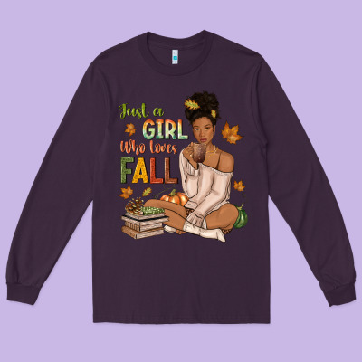Just A Girl Who Loves Fall Afro Woman Long Sleeve Tee Designed By Nancycooperartshop