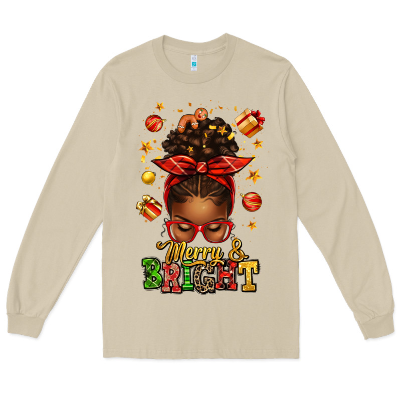 Merry And Bright Christmas Afro Messy Bun Long Sleeve Tee by texasbilliewilder | Teevron