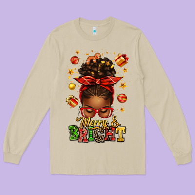 Merry And Bright Christmas Afro Messy Bun Long Sleeve Tee Designed By Texasbilliewilder