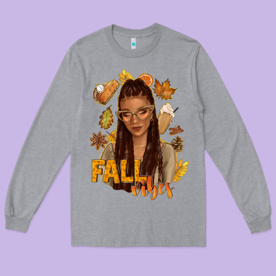 Fall Vibes Afro Woman Long Sleeve Tee Designed By Nancycooperartshop