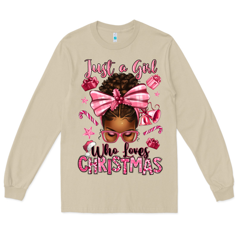 Just A Girl Who Loves Pink Christmas Afro Messy Bu Long Sleeve Tee by texasbilliewilder | Teevron