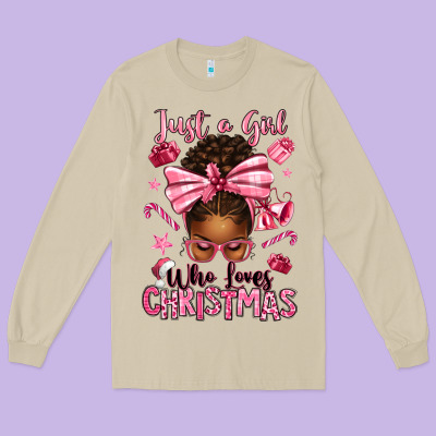 Just A Girl Who Loves Pink Christmas Afro Messy Bu Long Sleeve Tee Designed By Texasbilliewilder