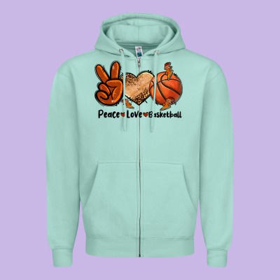 Peace Love Basketball Zipper Hoodie Designed By Fadigitalartstudio