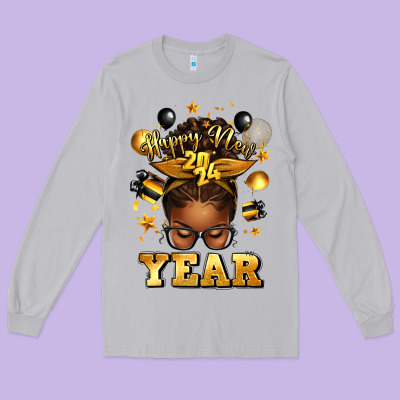 Happy New Year Afro Messy Bun Long Sleeve Tee Designed By Texasbilliewilder