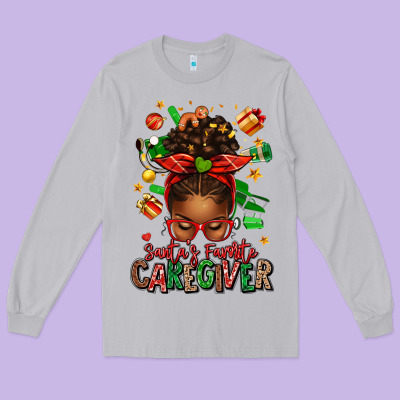 Santas Favorite Caregiver Afro Messy Bun Long Sleeve Tee Designed By Texasbilliewilder