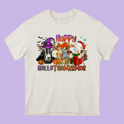 Happy Hallothanksmas Goats Heavy Core Tee Designed By Nancycooperartshop