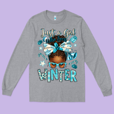 Just A Girl Who Loves Winter Afro Messy Bun Long Sleeve Tee Designed By Texasbilliewilder
