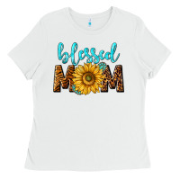White blessed mom with sunflower Ladies Tee - NancyCooperArtShop