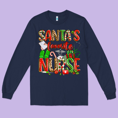 Santa's Favorite Nurse Long Sleeve Tee Designed By Texasbilliewilder