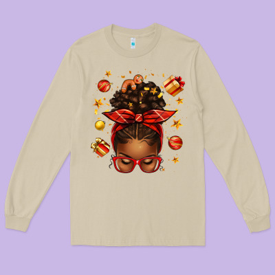 Christmas Afro Messy Bun Long Sleeve Tee Designed By Texasbilliewilder