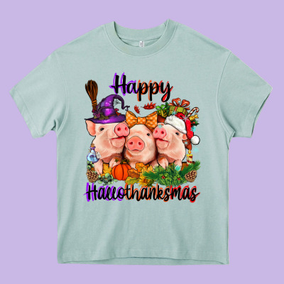 Happy Hallothanksmas Pigs Heavy Core Tee Designed By Nancycooperartshop