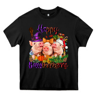 Black Happy Hallothanksmas Pigs Heavy Core Tee - NancyCooperArtShop